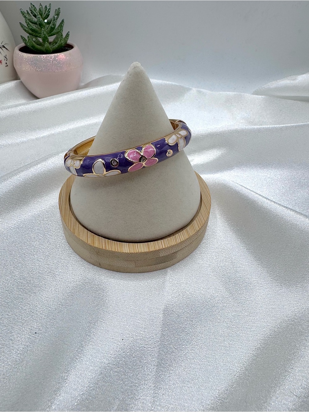 Floral Enamel Bangle Bracelet in Purple and Pink - Picture 2 of 5